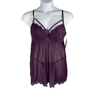 Dreamgirl Lingerie Set Womens‎ Large Eggplant Purple Caged Lace Rhinestone Mesh